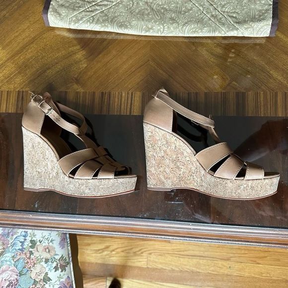 Tory Burch Leather Wedge Strappy Slingback Sandals Cork - Picture 3 of 9